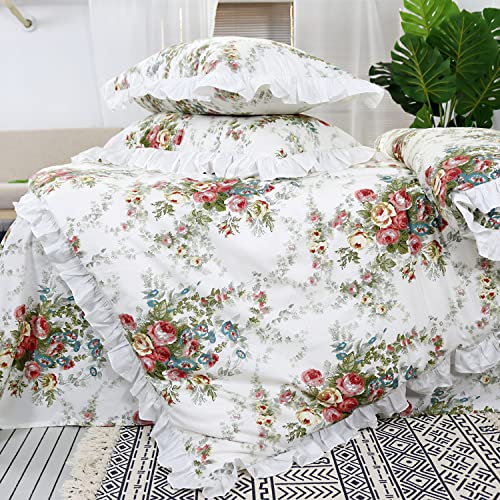 FADFAY Parure de lit 3 pièces avec housse de couette 100 % coton à volants - Motif floral - Style vintage - Avec fermeture éclair - Pour très grand lit Cover