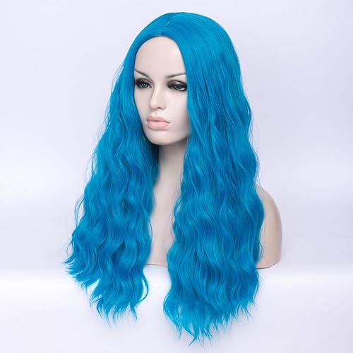 Miniatura 4 de DWMGLP Peluca ondulada azul de 24 pulgadas de largo para mujer, pelucas de fibra resistentes al calor, para Halloween, cosplay, fiesta diaria +