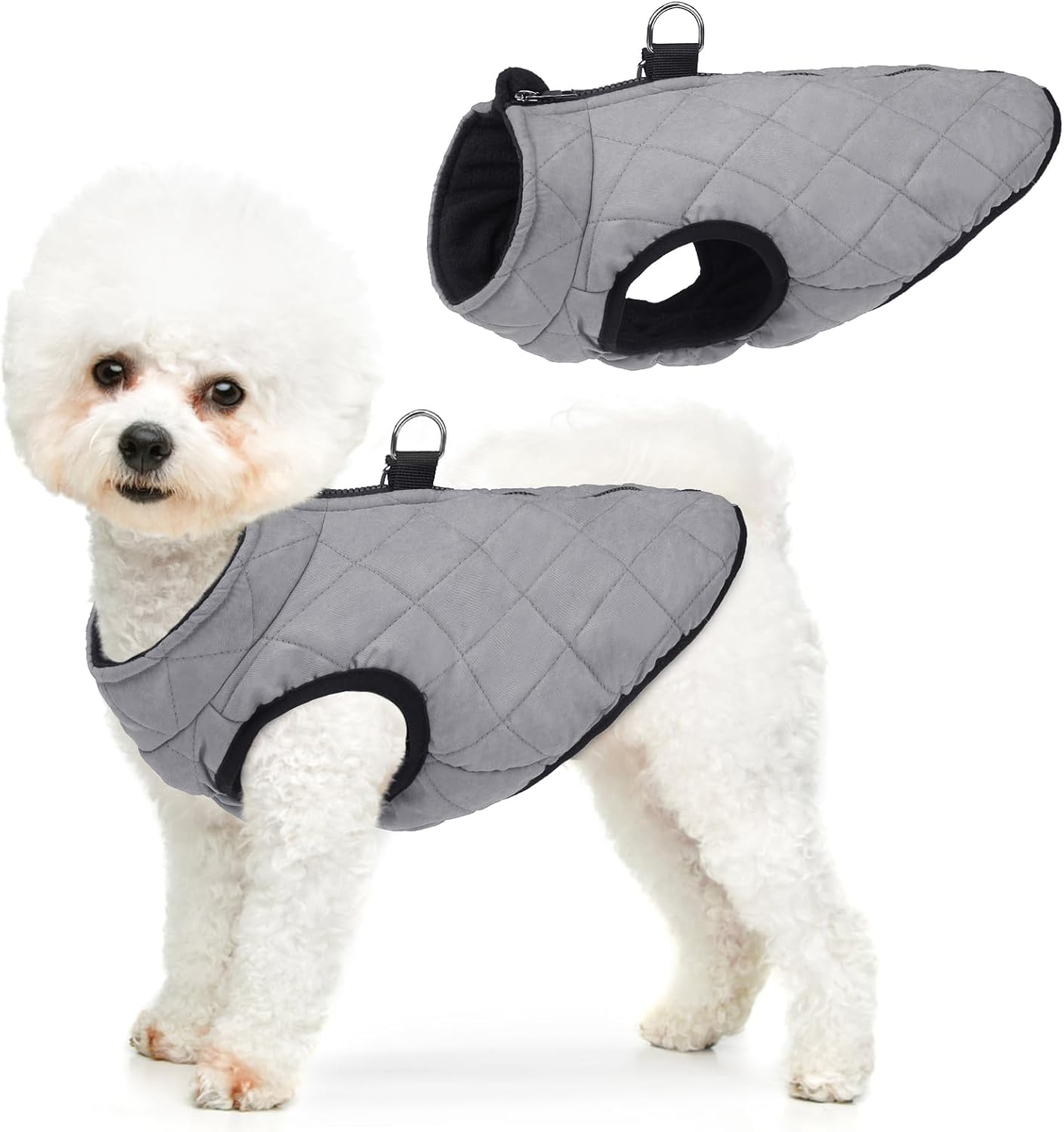 SCENEREAL Winter Dog Vest Coat with Harness Built In, Warm Puppy Jacket for Small Medium Dogs, Cold Weather Coat with Zipper, Fleece Puffer Vest Windproof Snow Clothes M(Chest 16.5") #1 Gray-Matte