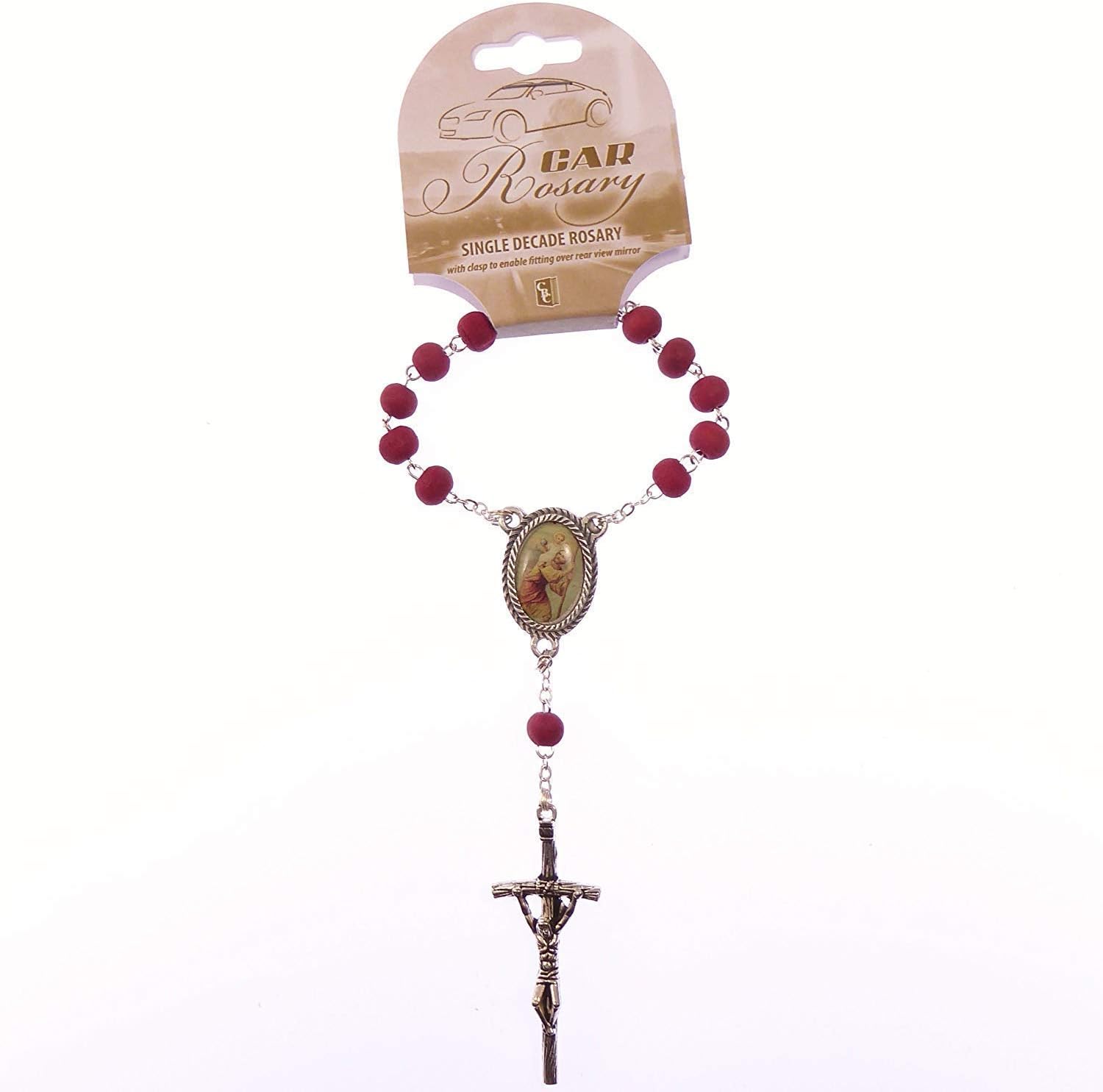 Catholic Silver chain scented red wood single decade pocket car rosary beads St. Christopher & papal crucifix