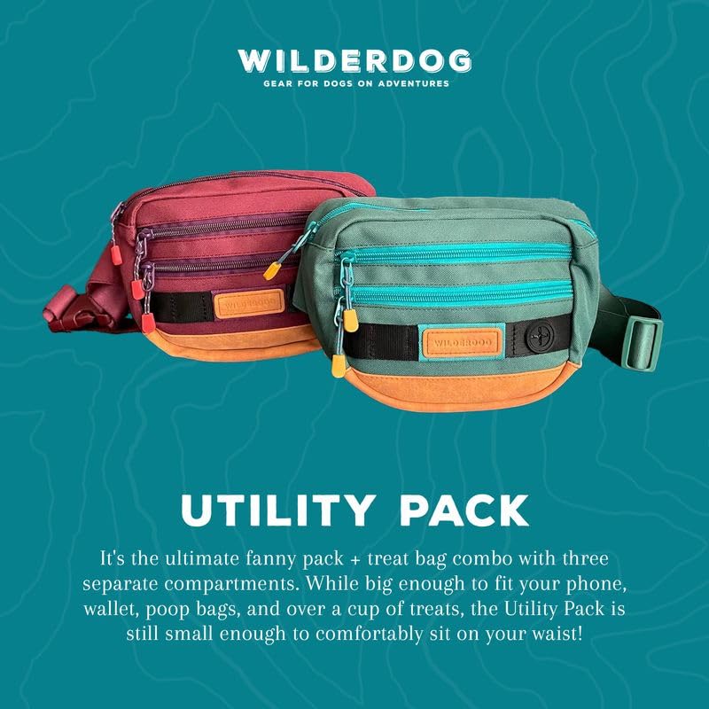Image of Wilderdog Utility Fanny Pack stores Treats, Balls, Keys in 3 Pockets with adjustable strap and Poop Bag dispenser (Black)