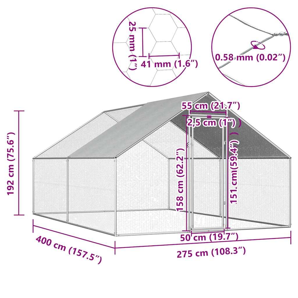 Outdoor-Hühnerkäfig verzinkter Stahl 2,75x4x1,92 m mit Polyethylen-Dach und verschließbarem Riegelsystem für Kleintiere, Kaninchenstall, Voliere, Freilauf und Auslauf