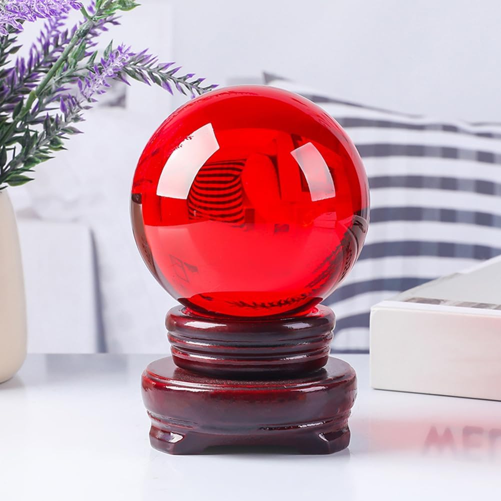 Red Crystal Ball with Base,Solid Clear Glass Orb Decorative Sphere,Crystal Ball Prop Ornament for Feng Shui,Witchcraft,Scrying,Divination,20cm