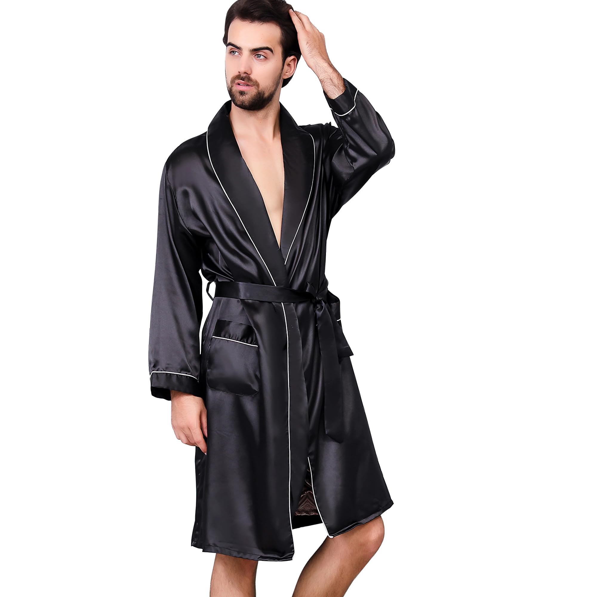 Haseil Men's Satin Robe Dragon Luxurious Silk Spa Long Sleeve House Kimono Bathrobe