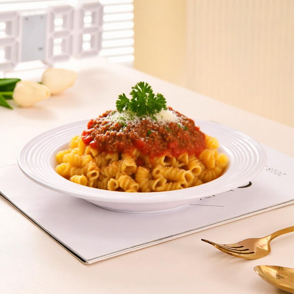 6 Piezas Platos Hondos de Plástico 22,5 cm Platos de Pasta Platos Plastico Duro Reutilizables para Fideos, Ensaladas, Sopas, Reutilizable, Blanco