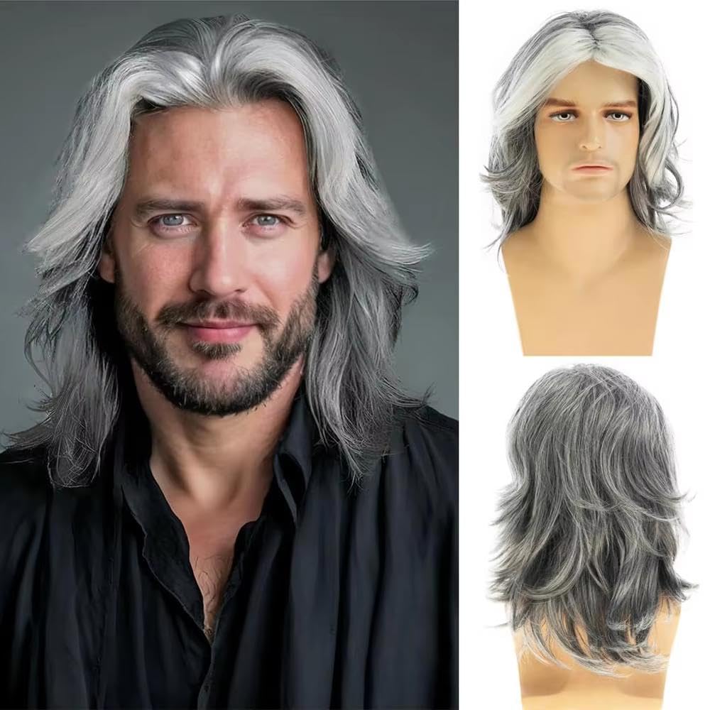Haarpflege Herrenperücke Mit Farbverlauf Grau Langes Glattes Haar Perücken Für Cosplay Party Alltag