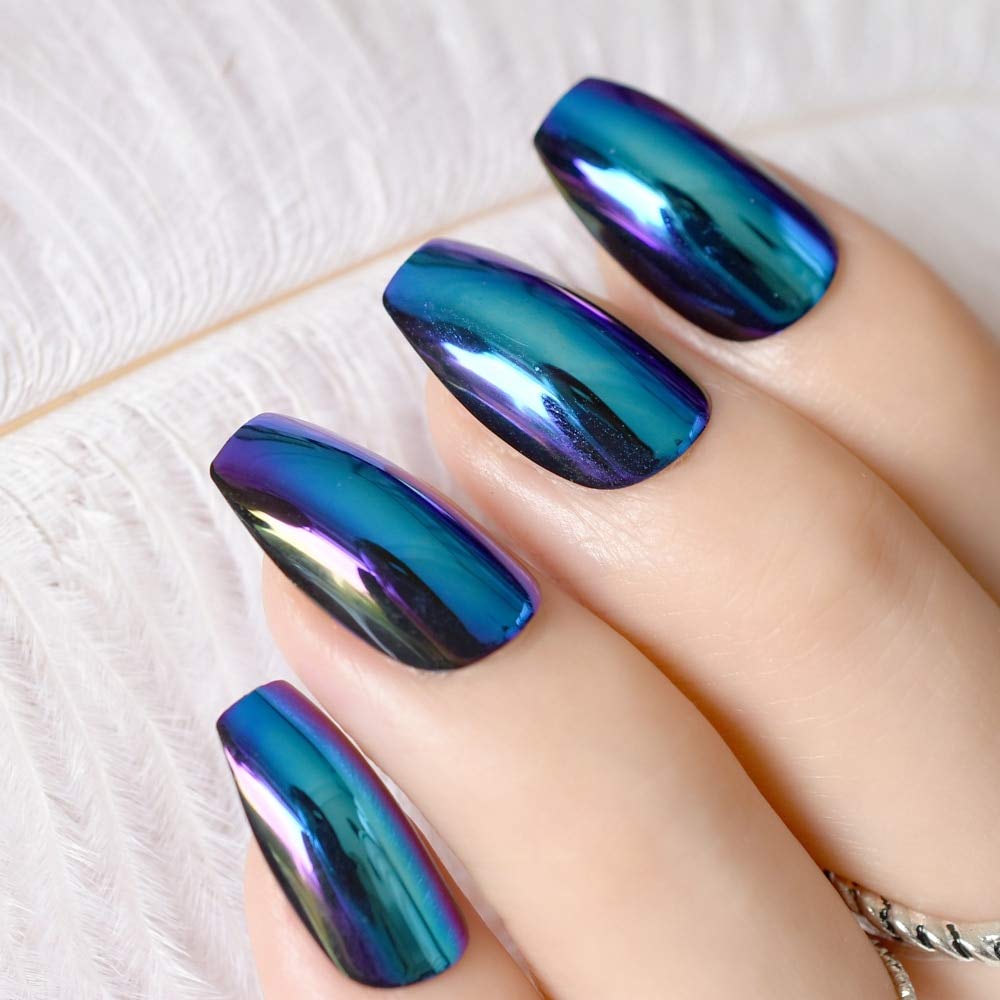 Amazon.com : Super Holographice Coffin Nails Mirror Blue Chrome Sparkly  Ballerina Fake Nails Medium Size Manicure Tips with Glue sticker : Beauty &  Personal Care