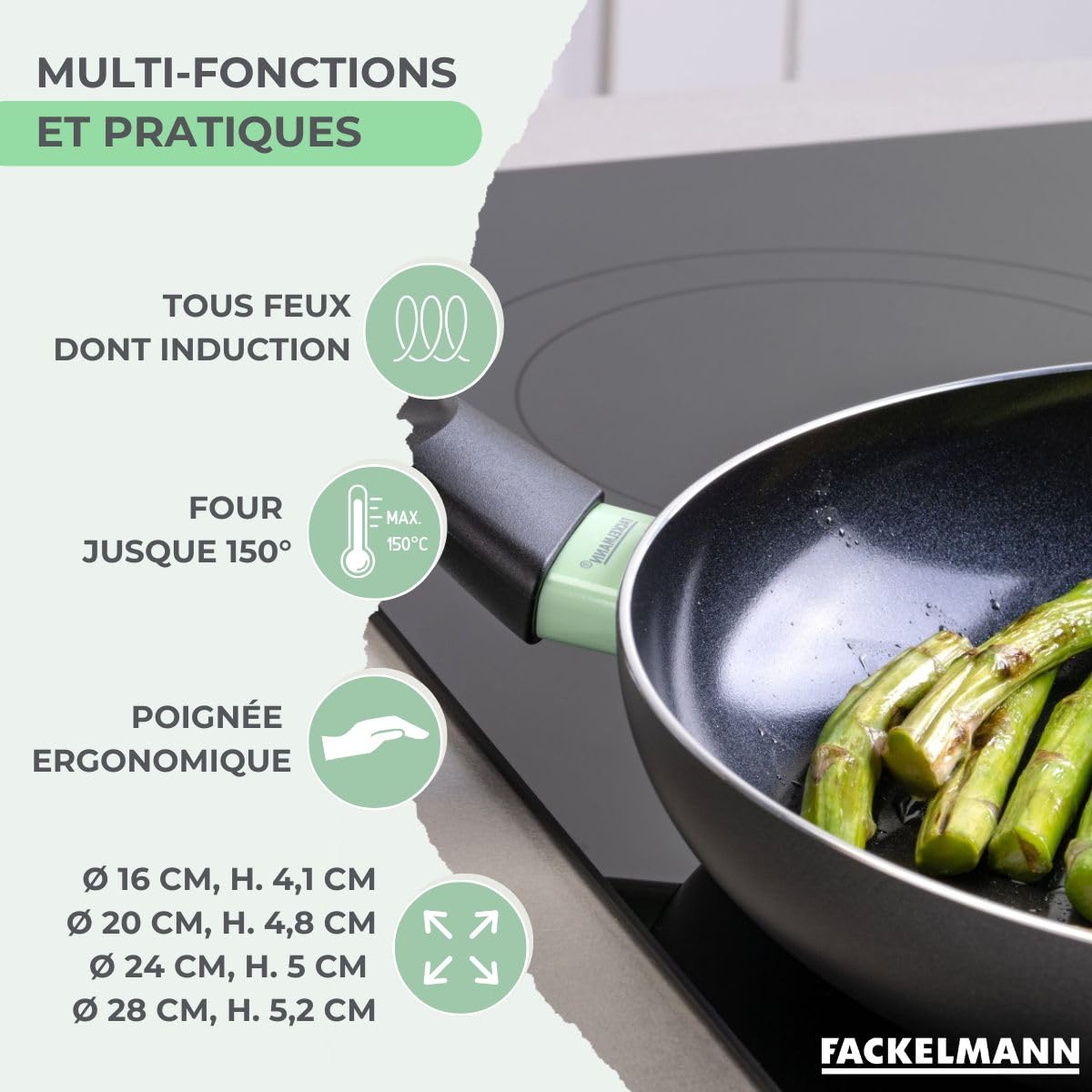 Fackelmann Set 4 poêles céramique 16/20/24/28 cm et 6 ustensiles