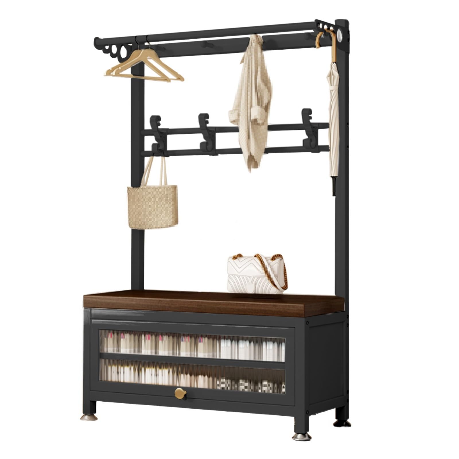 Perchero de Pie Blanco con Estante de Almacenamiento, 6 en 1 Perchero Entrada Recibidor con Banco de Almacenamiento, Mueble Recibidor para Dormitorio o Sala de Estar(Black,100cm/39in)