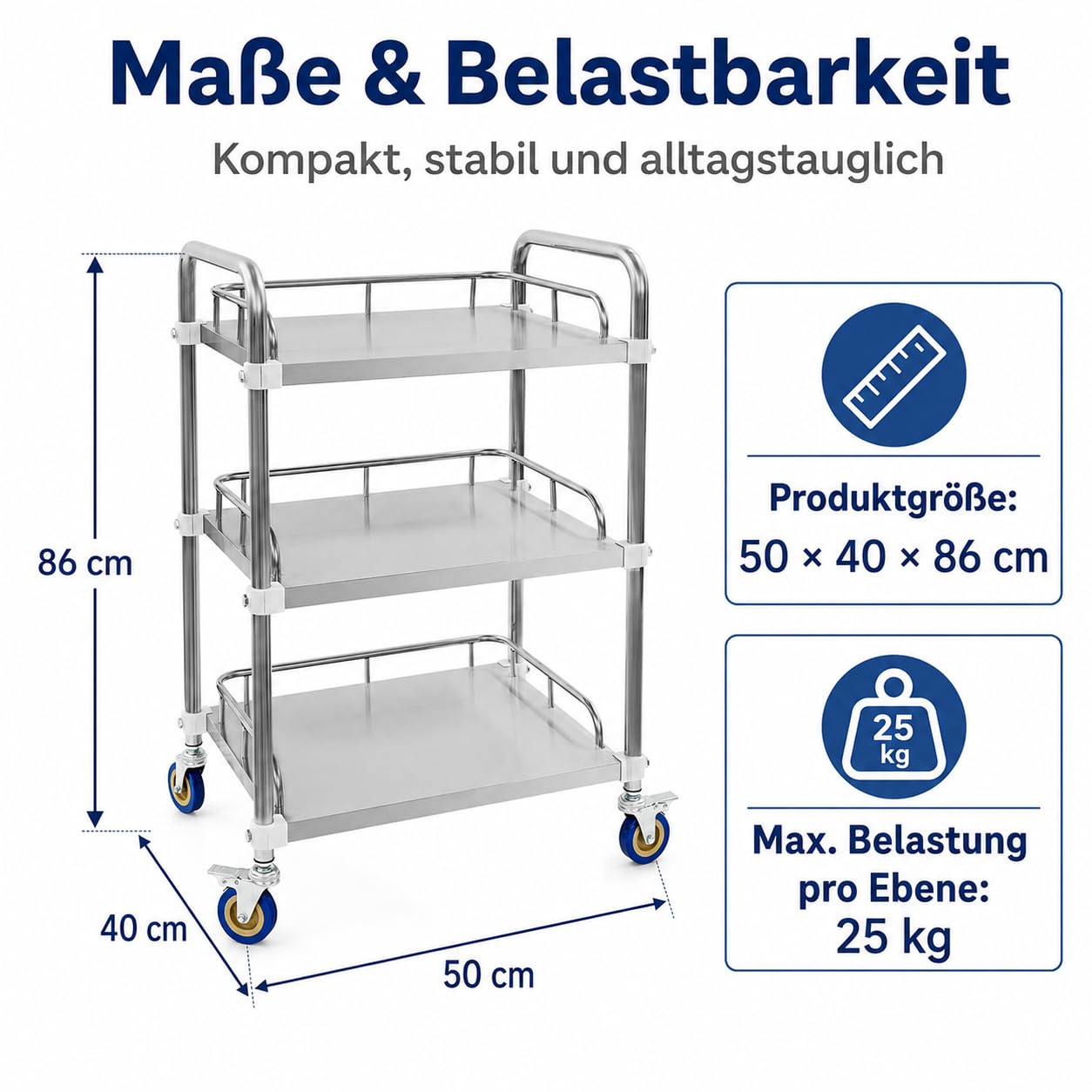 Carro de servicio de acero inoxidable con 3 niveles, 50 x 40 x 86 cm, carrito de cocina con 4 ruedas universales, 2 frenos, 25 kg por nivel, carrito de transporte para cocina, laboratorio