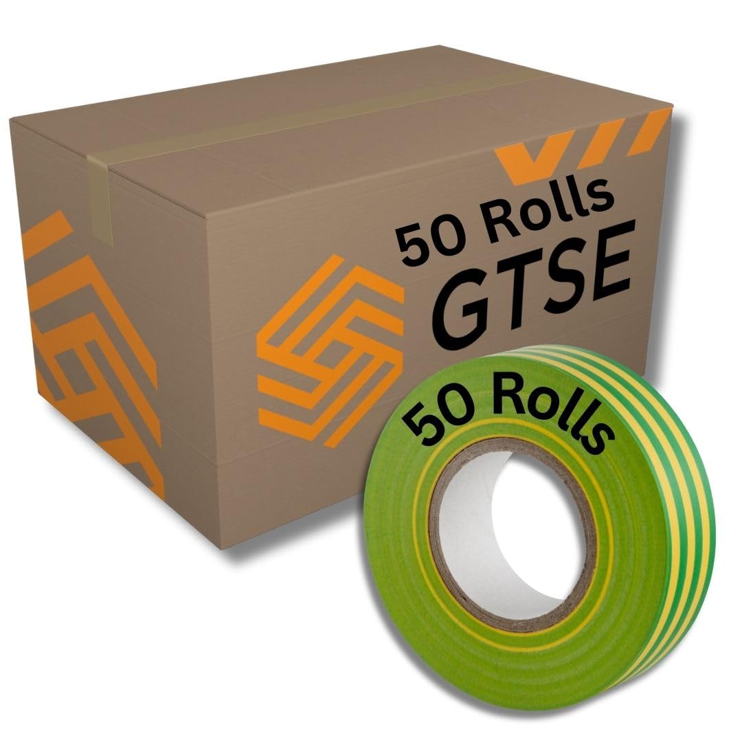 GTSE Earth Electrical Tape, 19mm x 20m, Bulk Box of 50 Rolls, Strong Self-Adhesive PVC Insulation Tape for Insulating, Repairing and Protecting Electrical