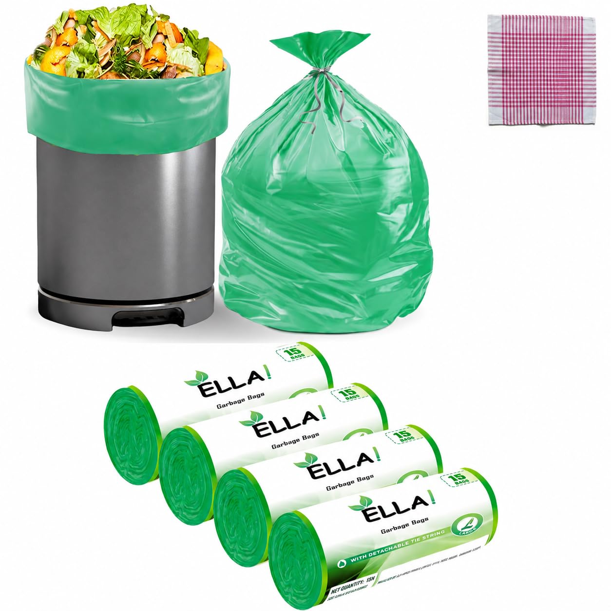 Ella Garbage Bags 24x32 Inches (Large) 60 Bags (4 Rolls) Leak Proof & Tear Resistant Trash Bags for Kitchen Home & Commercial Use -Dustbin Bags For Dry & Wet Waste With Free Check Duster Cloth - Green