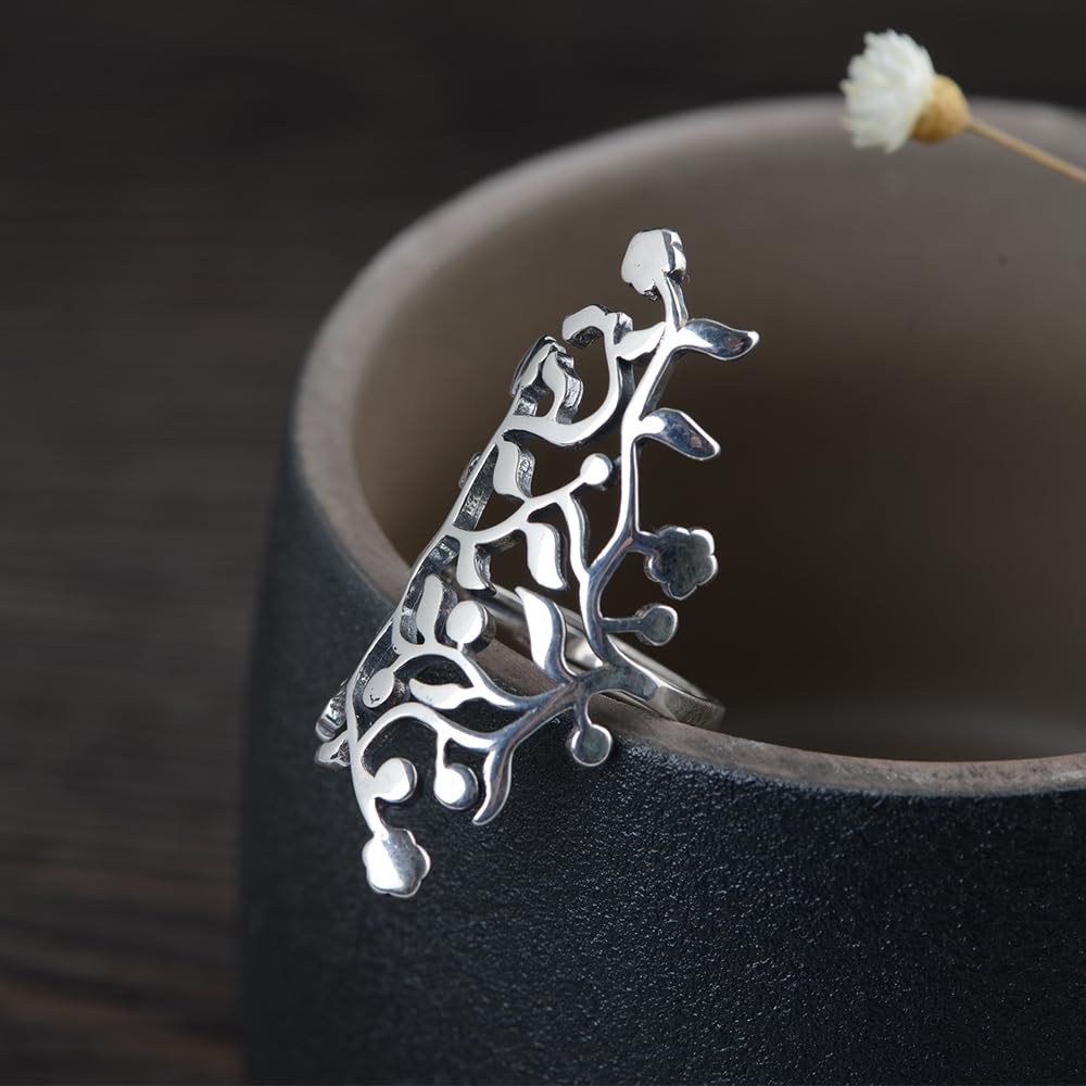 ForFox Anillo grande de hojas de árbol de plata de ley 925 para mujeres y niñas abierto y ajustable