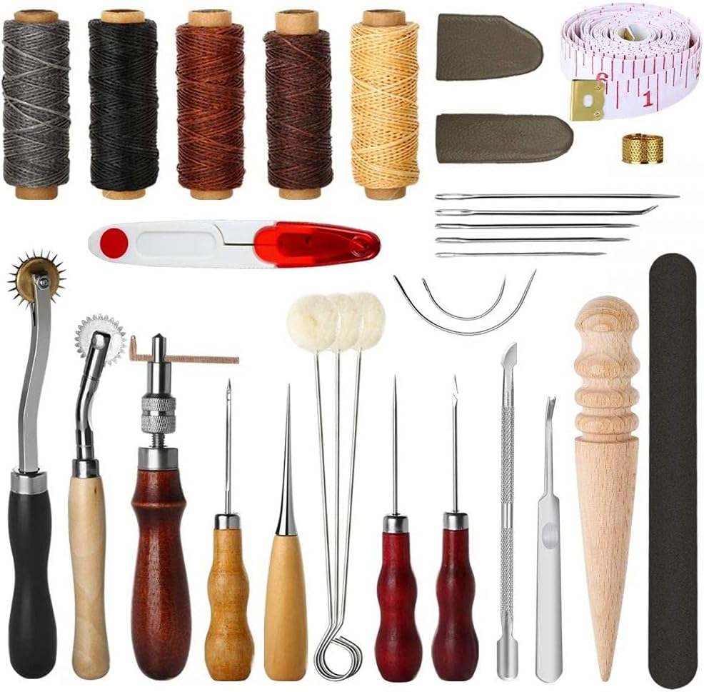 30 Pcs Leather Sewing Tools Diy Craft Hand Stitching Tool Set With Groover Awl Waxed Thread Thimble Kit