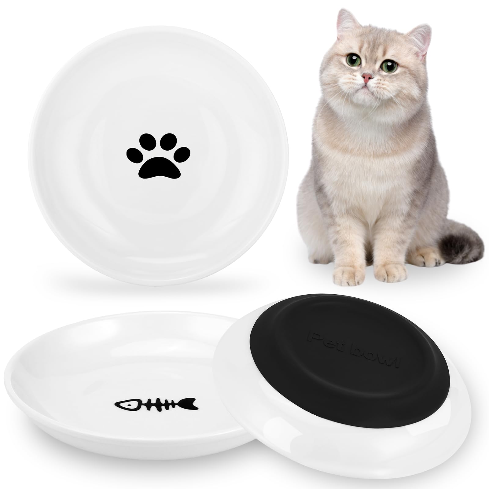3 Piezas Comedero Gato, Cuenco Plano de Cerámica para Gatos con Base Antideslizante de Silicona, Comederos y Dispensadores de Agua para Gatos, Perros y Otras Mascotas Pequeñas.