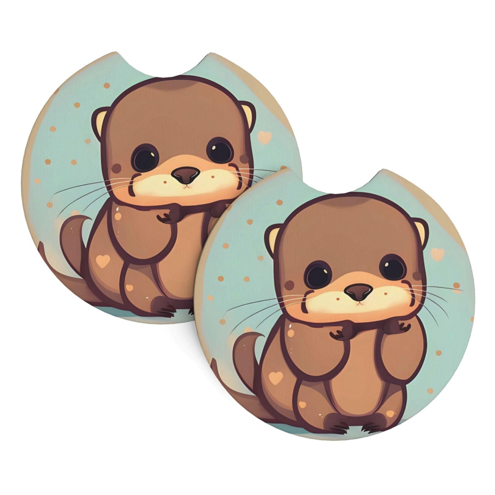 2 Pack Car Coaster for Cup Holders Cute Otter Car Cup Coaster 2.7" Neoprene Non-Slip Automotive Cup Mat Universal Auto Car Interior Accessories for Women Men Cup Pad