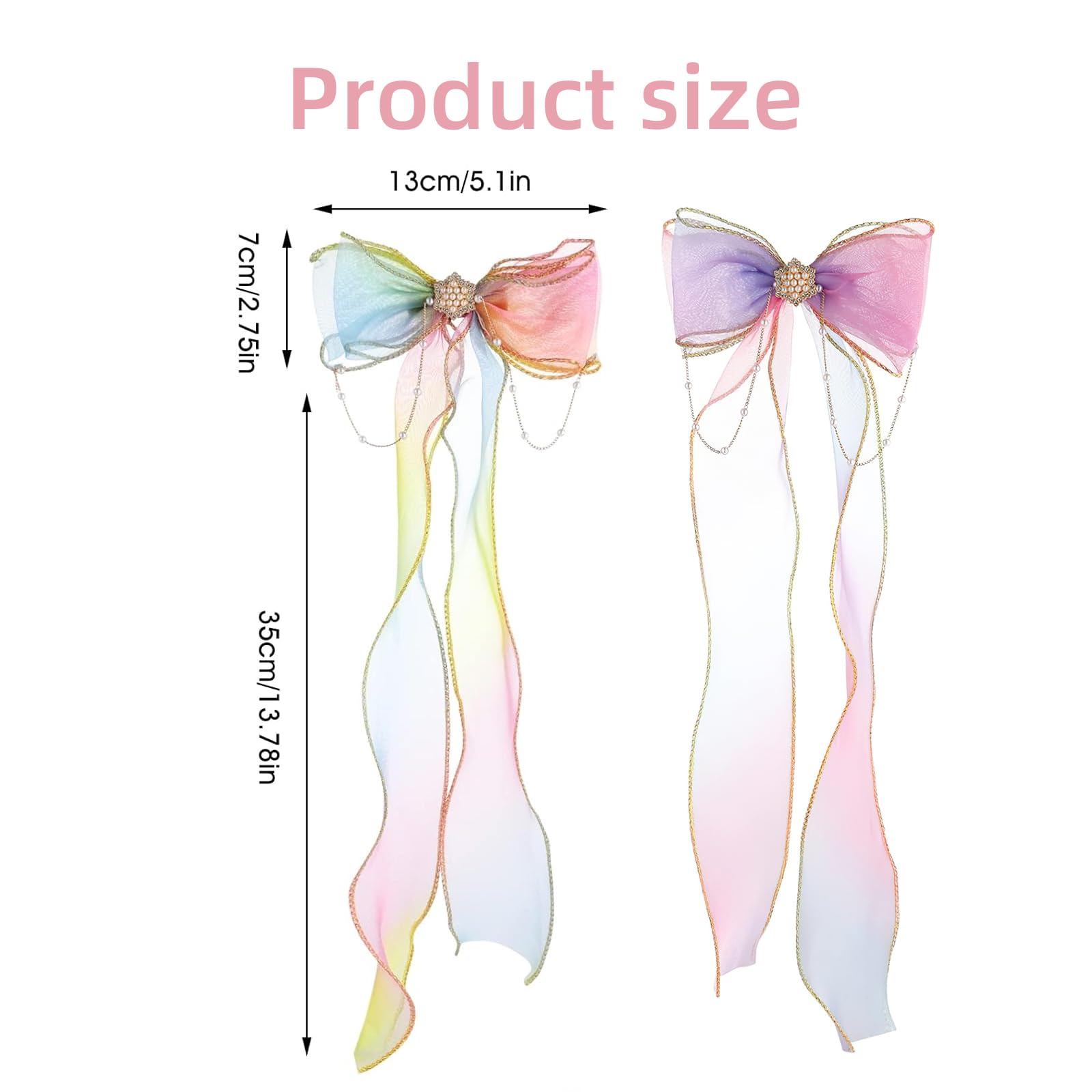 2 Pcs Colorful Ribbon Girls Hair Bows, Princess Ribbon Pearl Tassels Girls Hair Accessories, Big Hair Bows Clips Long Tail - Image 2