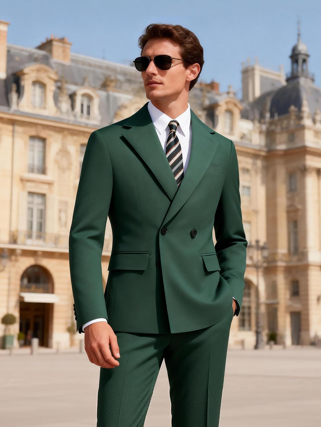 MOGU Mens 2 Piece Suit Wool Double Breasted Tuxedo Wedding Prom Business Suits Jacket Pants