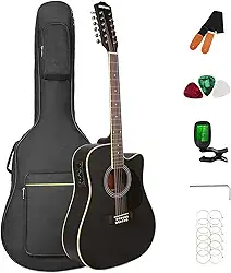 Guitarra elétrica acústica de 12 cordas, 12 cordas, guitarra recortada, pacote com saco de concerto, afinador, cordas, correia, palhetas