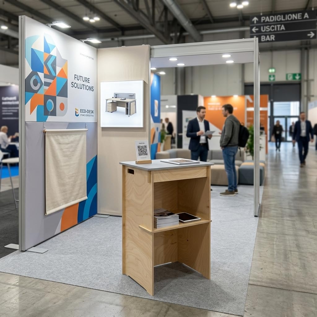 Bancone Fieristico Professionale | 60 x 49 x h. 95 cm | Rapido montaggio a incastro | Desk in Legno con ripiano | Stand Espositivo | Reception Portatile per Fiere, Eventi e Showroom (L. 60 cm)