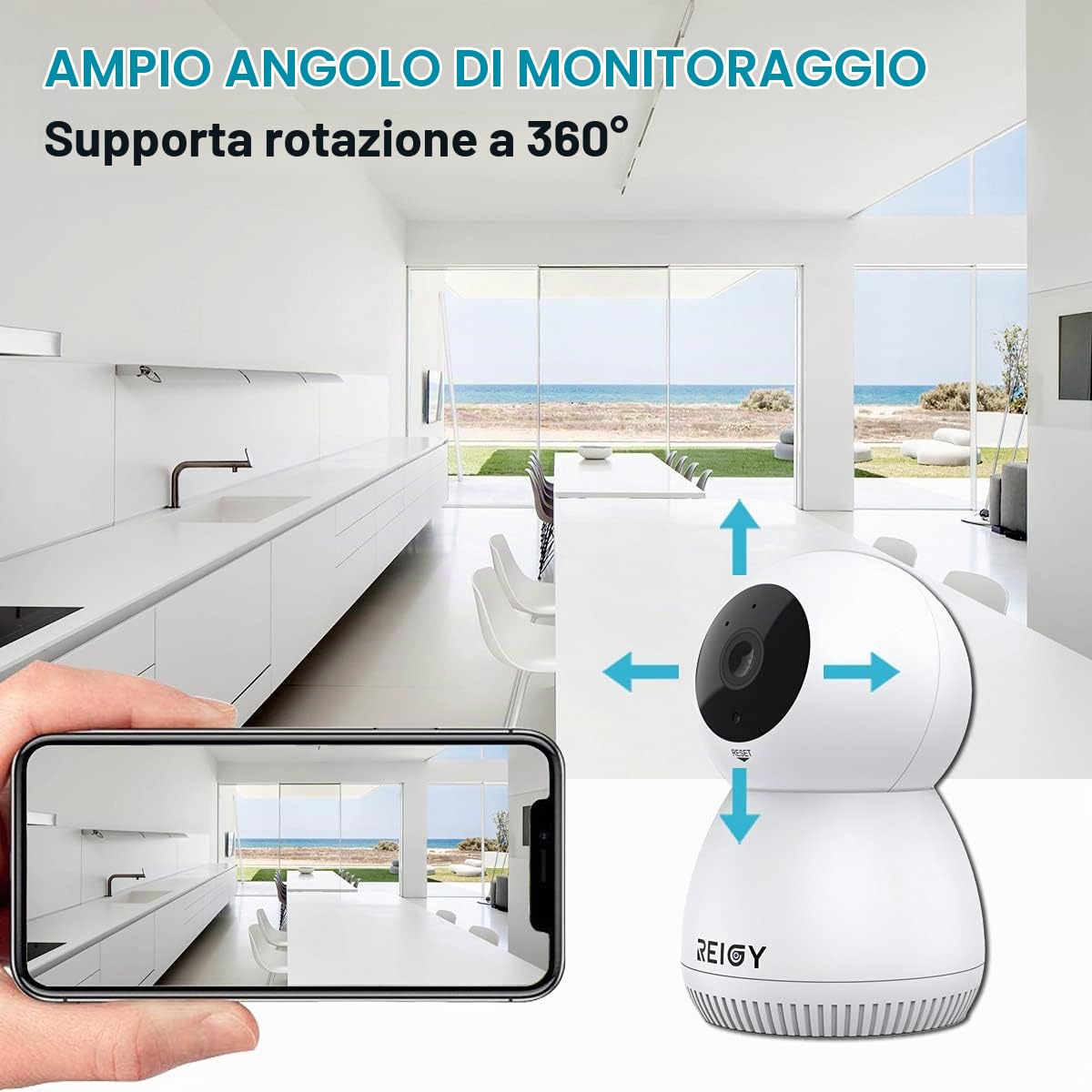 REIGY 1296P Telecamera Wi-Fi Interno 360 Gradi, 3MP Videocamera Sorveglianza IP Wireless Supporto Audio Bidirezionable Night Vision Allarme APP iOS/Android Compatibile NVR Sistema