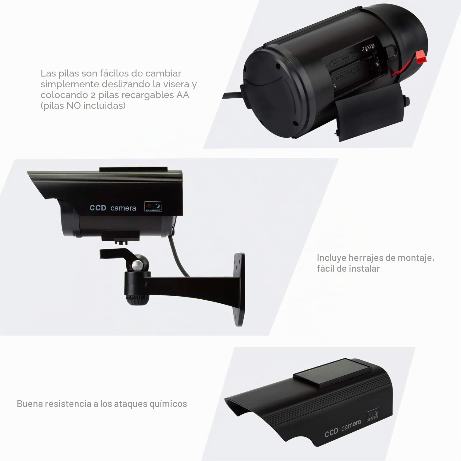 4 Pieza Cámara Falsa Dummy Cámara con Energía Solar de Seguridad LED Parpadeante Sistema de Vigilancia Cámara Simulada CCTV, para Uso en Interiores o Exteriores