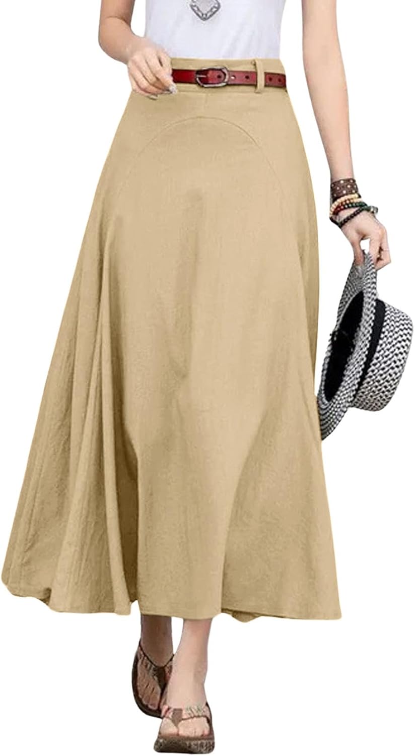 CHARTOU Women Casual Cotton Linen A Line Skirt High Waist Long Flowy Skirt Flare Swing Ruffle Skirt