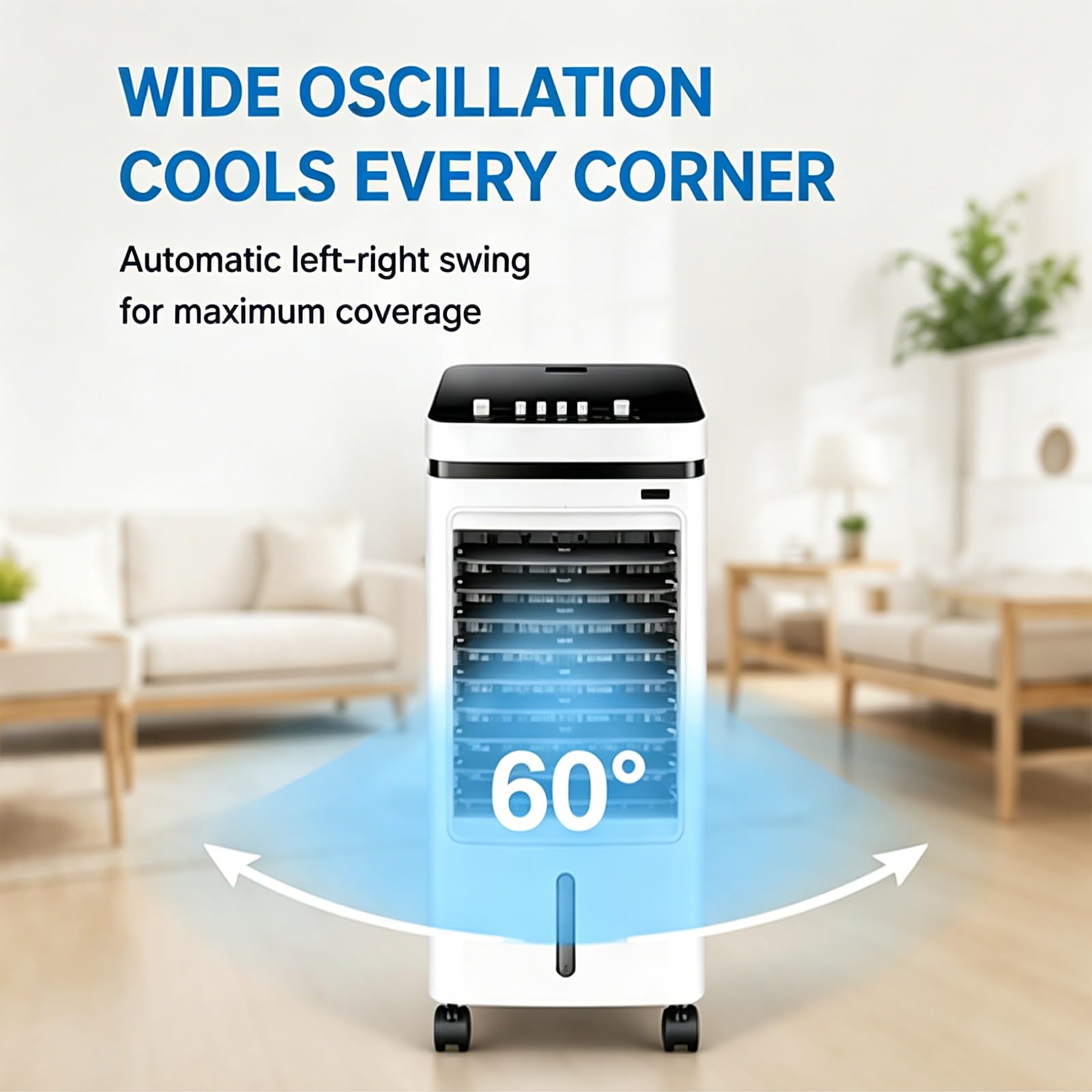Przenośny Klimatyzator z 6 Wkładami Chłodzącymi 60 W 3 Prędkości Zbiornik na Wodę 4 L Oscylacja 60° 110-220 V do Salonu Sypialni Biura Kuchni 27 X 28 X 60cm