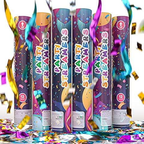 6 Pack Easy Clean Streamer Confetti Cannon Confetti Poppers | Shiny Multicolor Streamers | TUR Party Supplies | Launches Up to 25ft | Giant (12 in) | Party Poppers for Graduation, Birthdays, Weddings Cover
