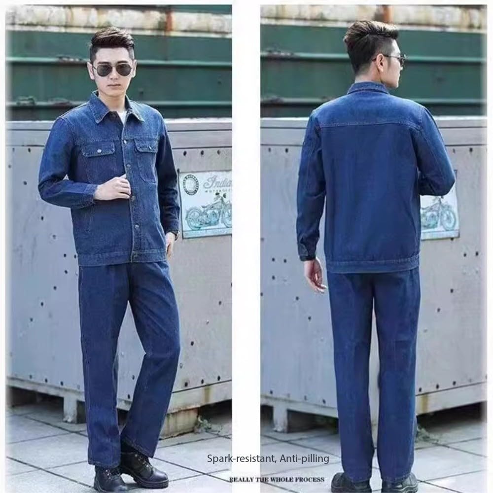 LDMYB Set di uniforme da lavoro unisex, in denim, giacca e pantaloni in misto cotone resistente, abbigliamento da lavoro resistente all'usura, per officine, fabbriche, edili, officine, M-4XL