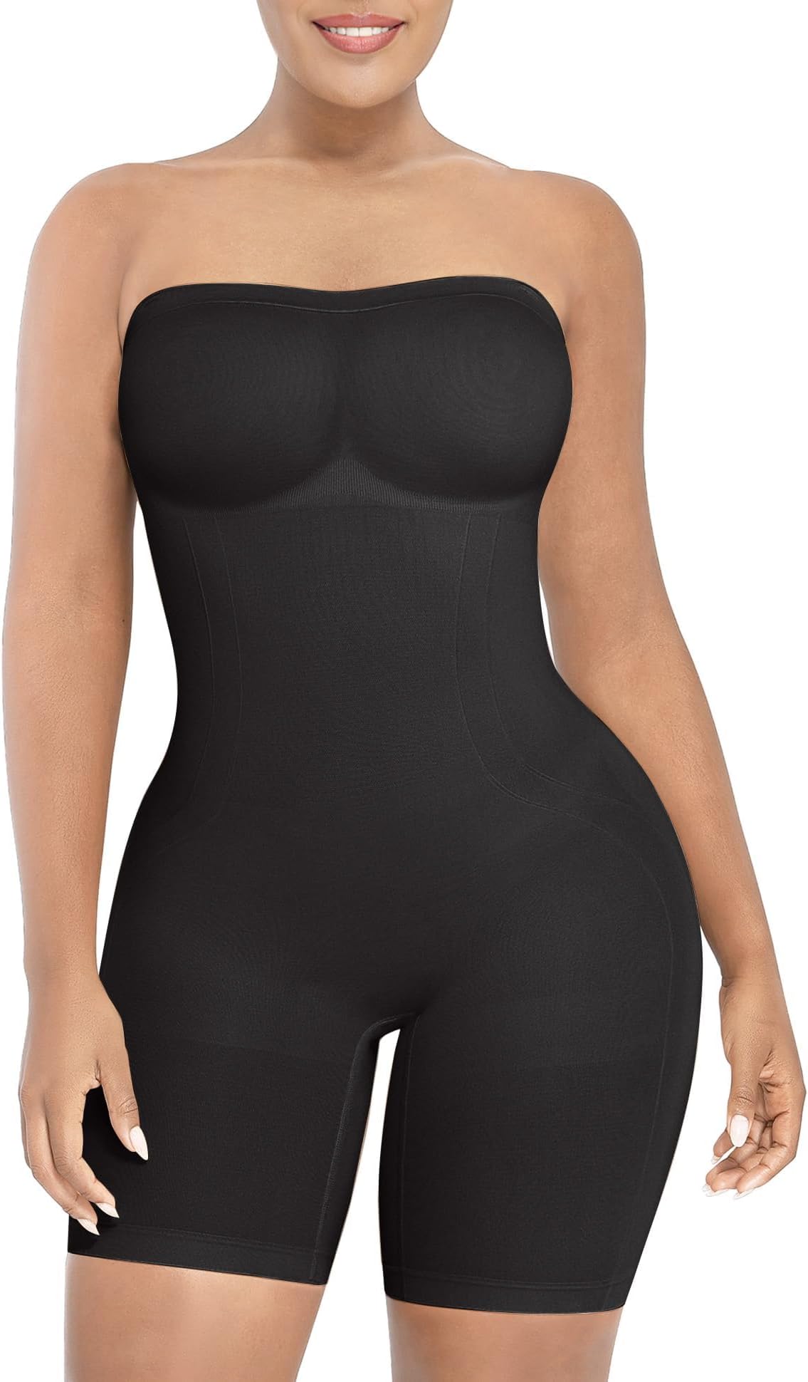 - Women's Shapewear Bodysuits Tummy Control Butt Lifter Body Shaper Strapless Seamless Mid Thigh Jumpsuit Tops