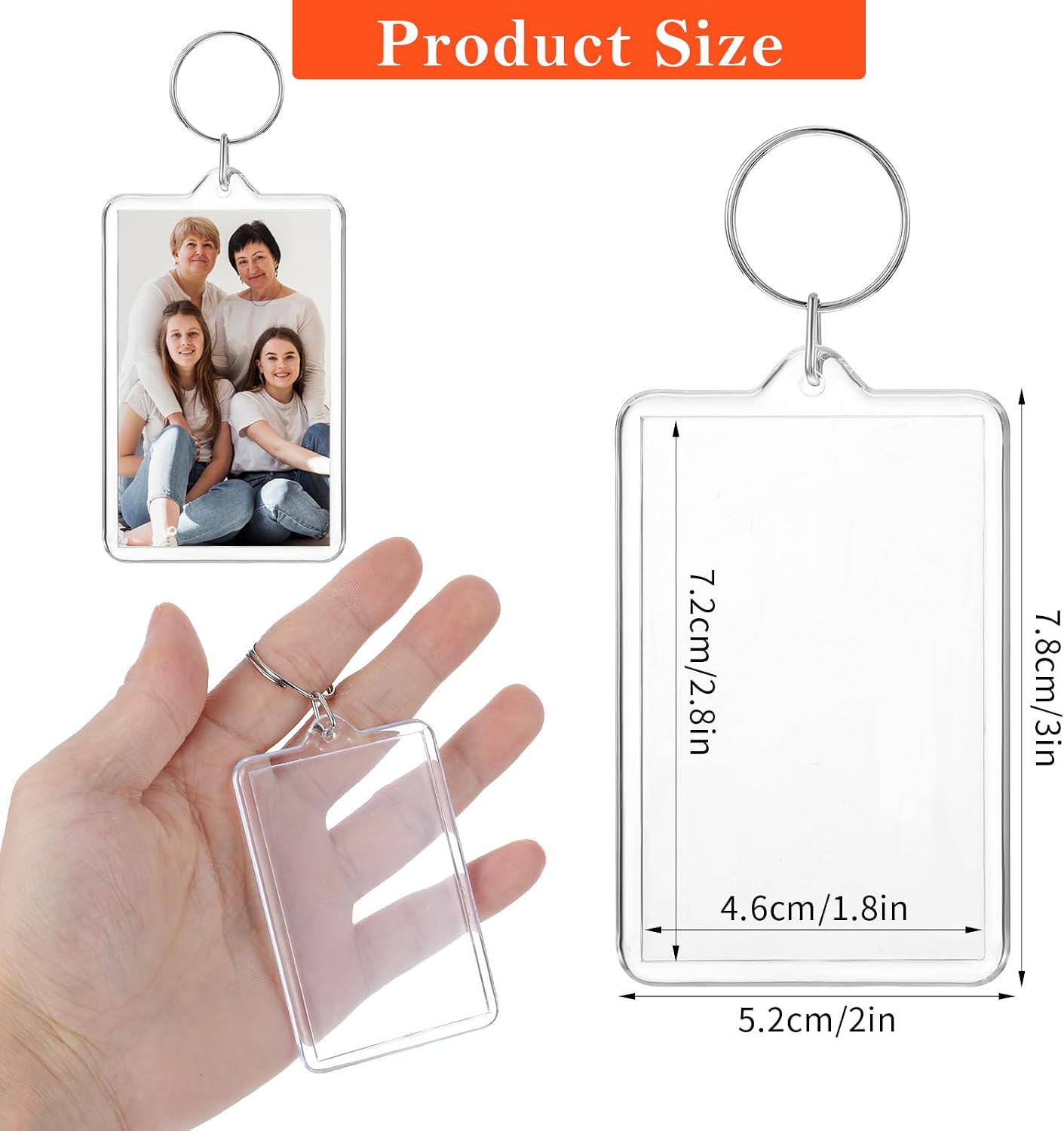 50 PCS Photo Insert Keychains, Acrylic Clear Blank Keyrings Picture Frame Keyring with Split Ring for Personalised Custom and Passport Photo Size, 1.8 Inch by 2.8 Inch