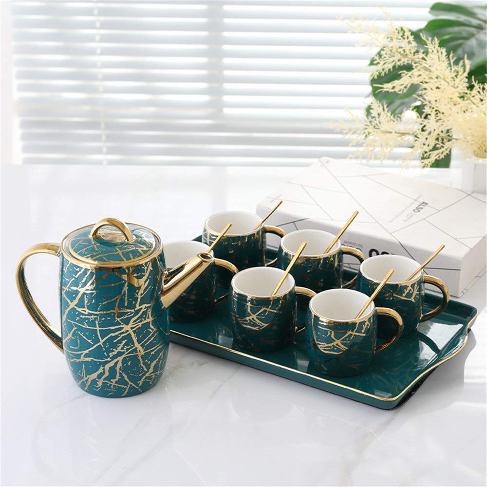 XINGYU Zestawy do herbaty kreatywne luksusowe złote wykończenie 6 szt. filiżanka do herbaty i łyżka z czajnikiem ceramiczna taca zestaw ceramicznych filiżanek do herbaty do domu i biura kawa herbata przyjęcie do domu