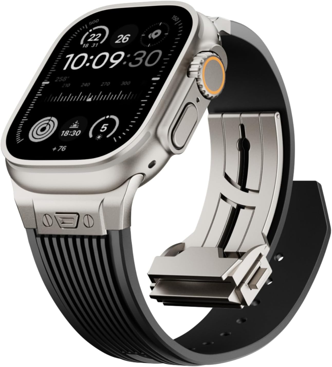 Watch Band for Apple Watch Ultra 2 Band 49mm 46mm 45mm 44mm, Men Luxury Rugged Silicone Rubber Strap with Metal Connector & Folding Clasp for iWatch Series 10 9 8 7 6 5 4 3 2 1 SE