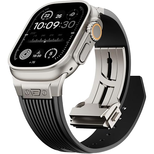 Watch Band for Apple Watch Ultra 2 Band 49mm 46mm 45mm 44mm, Men Luxury Rugged Silicone Rubber Strap with Metal Connector & Folding Clasp for iWatch Series 10 9 8 7 6 5 4 3 2 1 SE