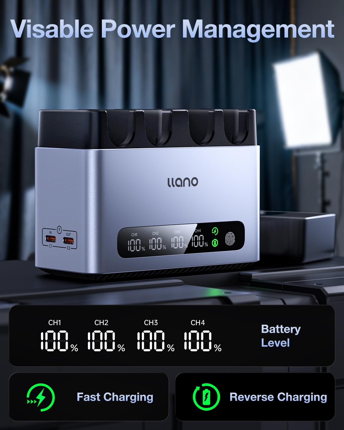 llano Cargador 65W 4 Ranuras NP-FZ100 - Carga Rápida para Sony A7III A7IV FX3 FX30 A9 A1 A7RV A6700 ZV-E1, Pantalla Digital, Tapa Magnética