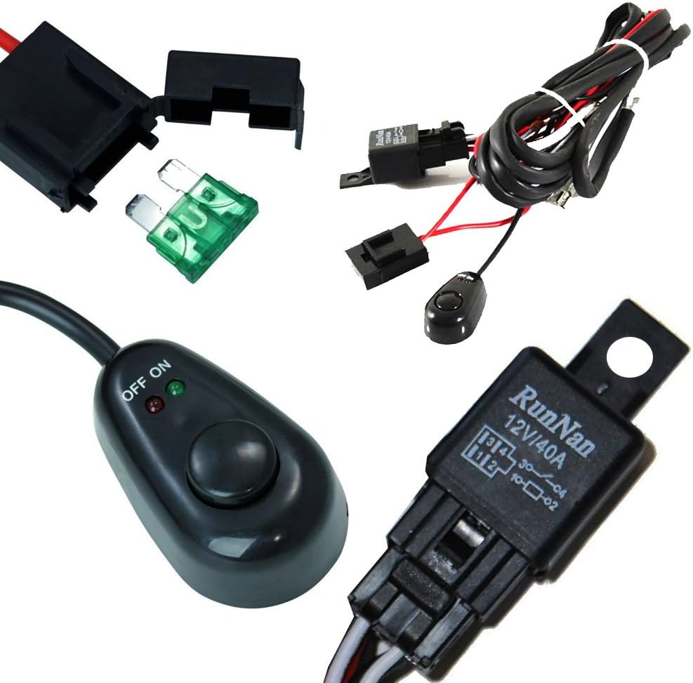 iJDMTOY (1) Universal Fit Relay Harness Wire Kit with LED Light ON/Off Switch Compatible with Fog Lights, Driving Lights, Xenon Headlight Lighting Kit or LED Work Light, etc