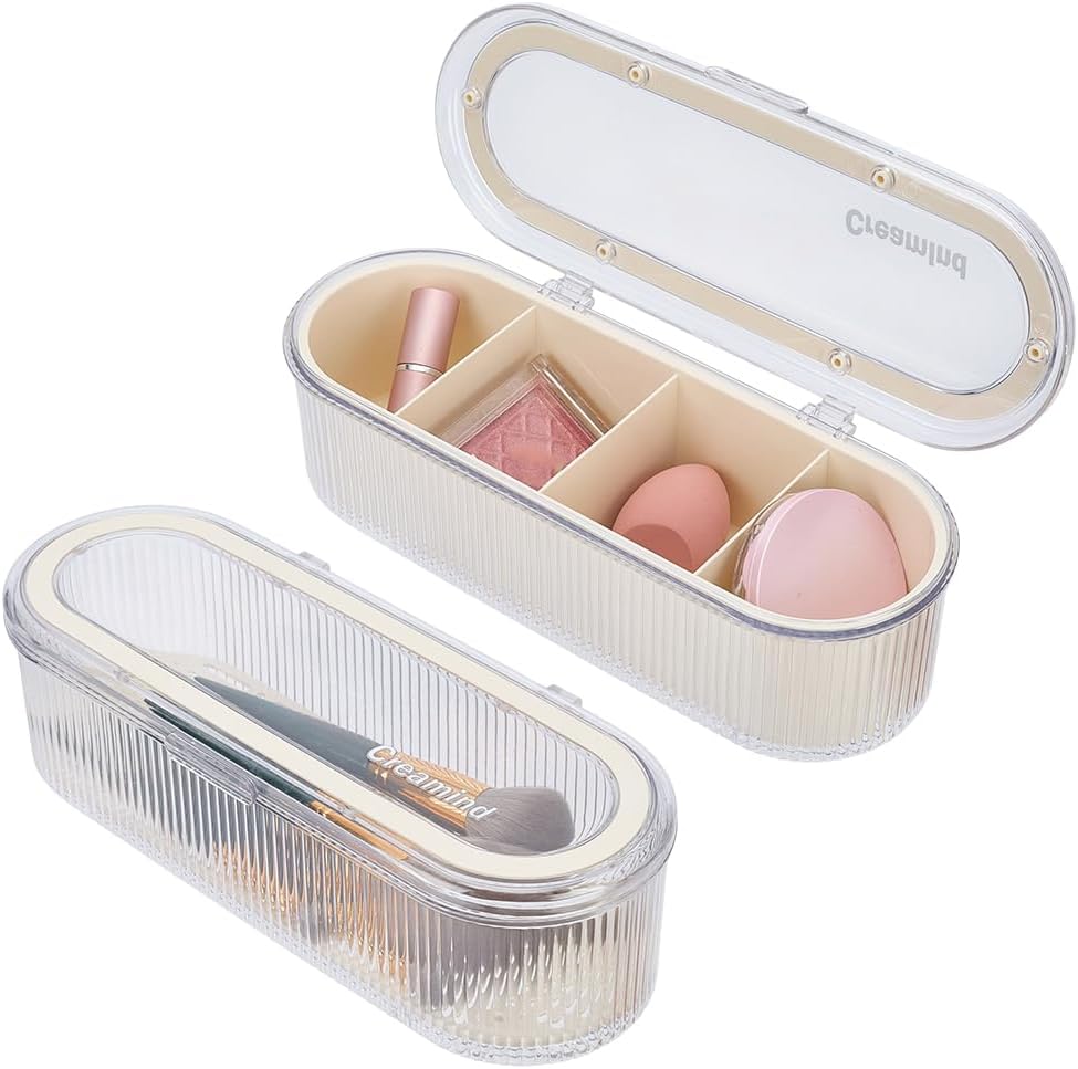 2 Pcs 2 Styles Makeup Brush Holder, Clear Makeup Sponges Organizer with Lid for Vanity, Bathroom & Countertop, 10.6 x 3.7 x 3.2 Inch