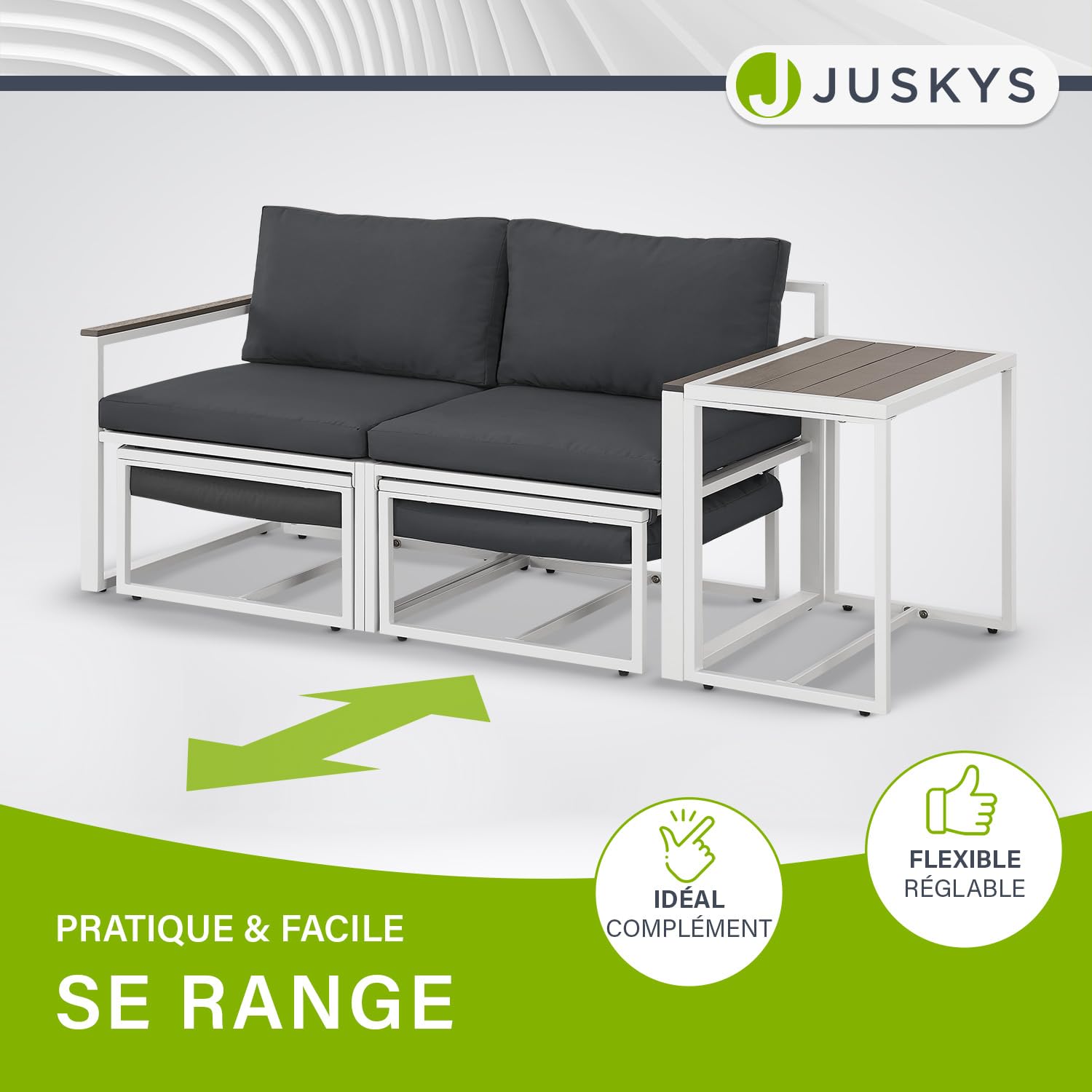 Juskys Salon de Jardin 5 pièces Bari avec Table & Coussins - Coin Lounge d'extérieur en métal - Petit mobilier de Balcon - Meubles Outdoor pour Balcon et Jardin - Gris