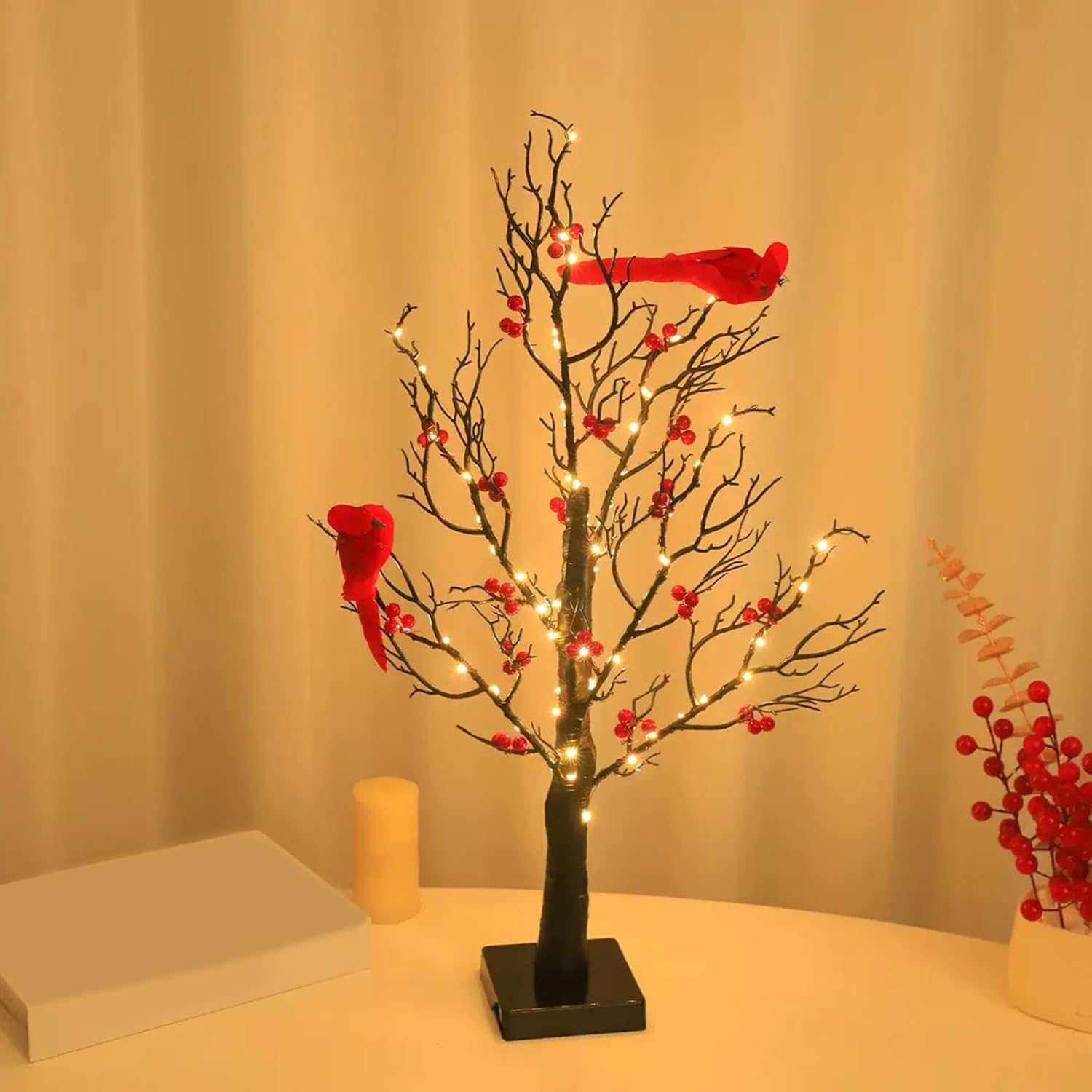Led Light Trees Spirit Lamp with Bird Red Fruit Festival Christmas Decoration for Tabletop Warm Glow Bird