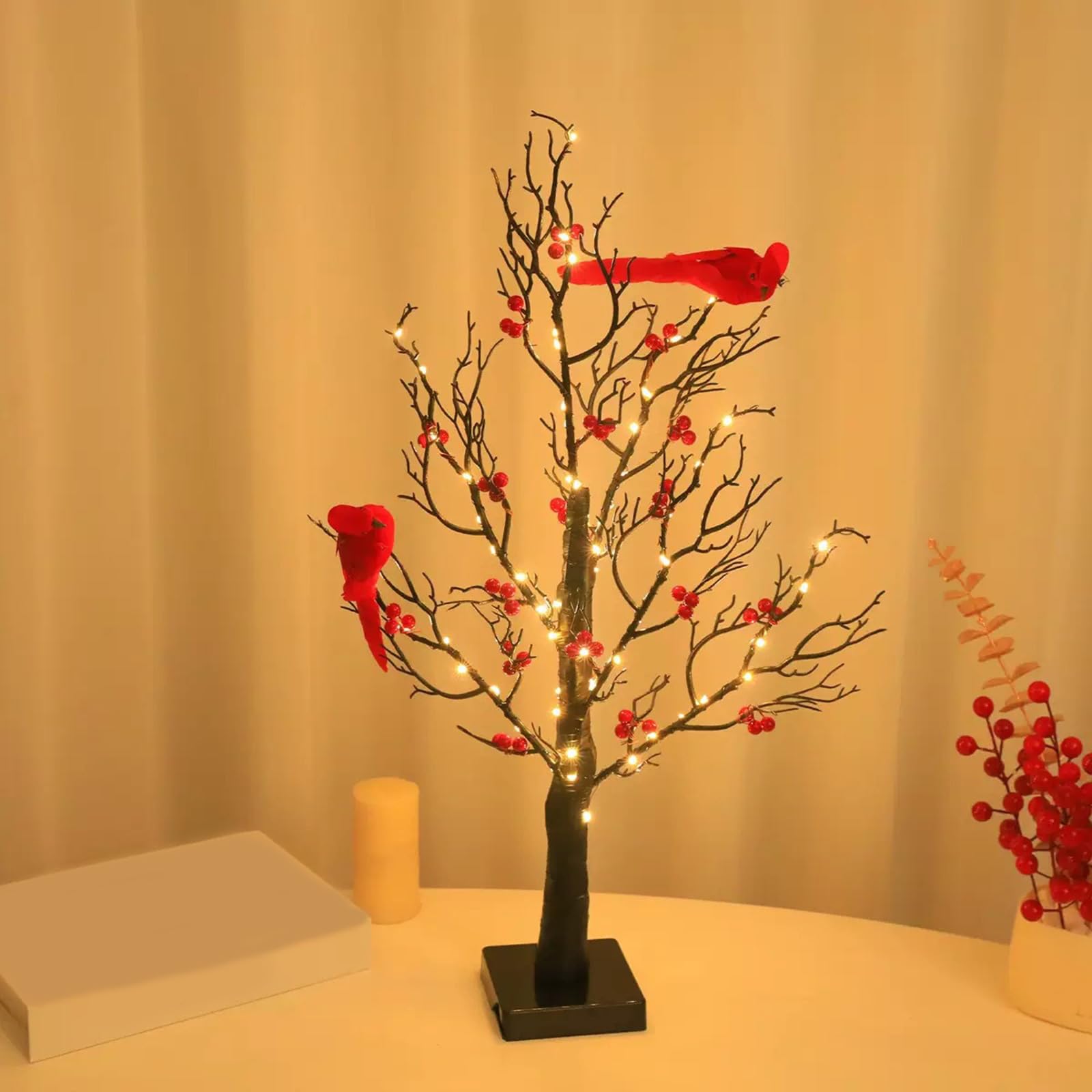Árbol de Navidad artificial iluminado por LED con bayas rojas y decoración de pájaros, lámpara de mesa alimentada por pilas para fiestas festivas, luz cálida y brillante