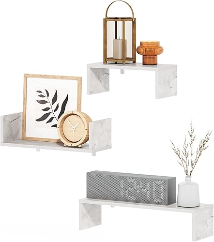 Miniatura 4 de Furinno Rossi - Estantes flotantes de pared para dormitorio, con soportes invisibles, juego de 3, mármol blanco