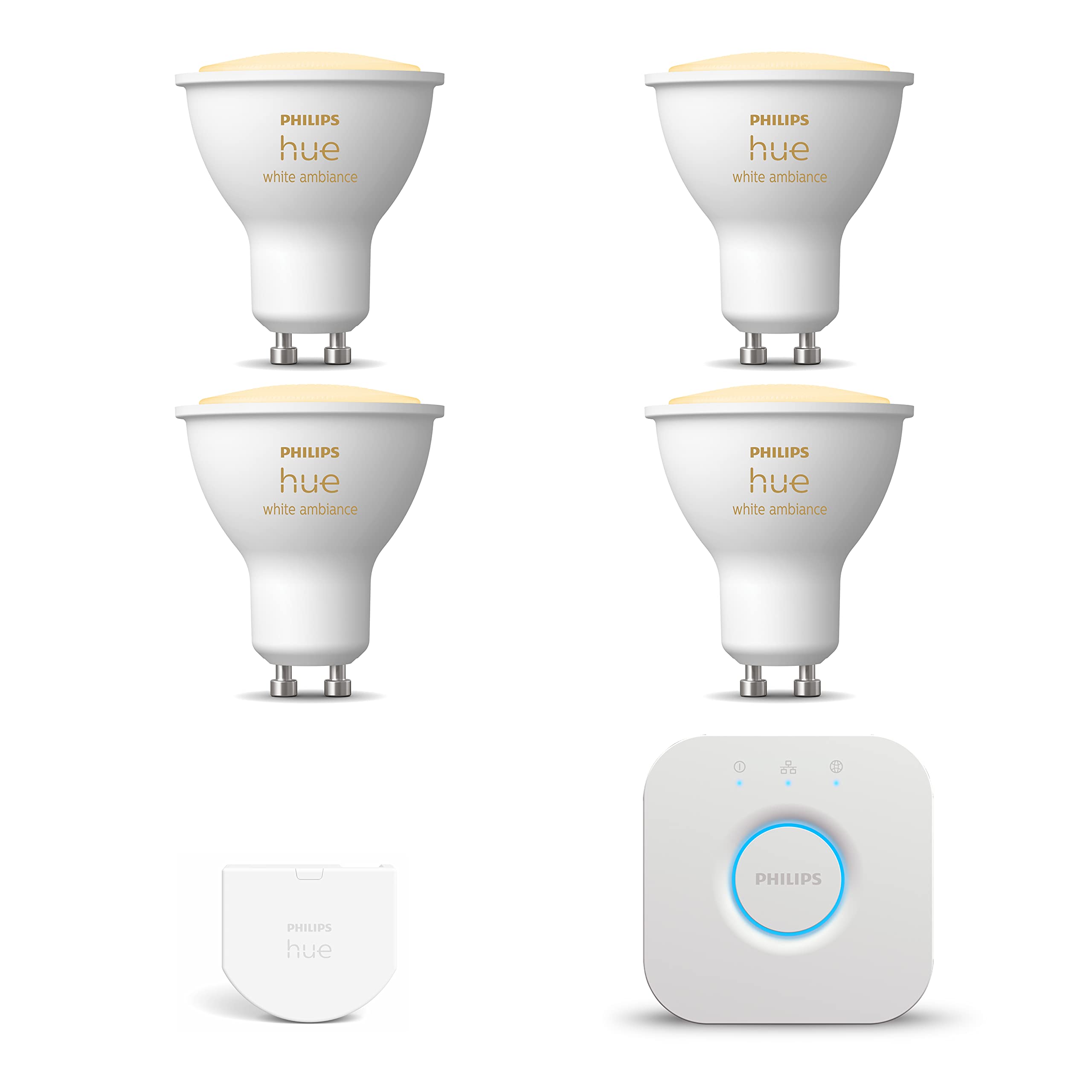 Philips Hue - Kit de inicio - 4 focos GU10 - Cálida/Fría | Incluye Hue Bridge, Hue Wall Switch - Hue White Ambiance
