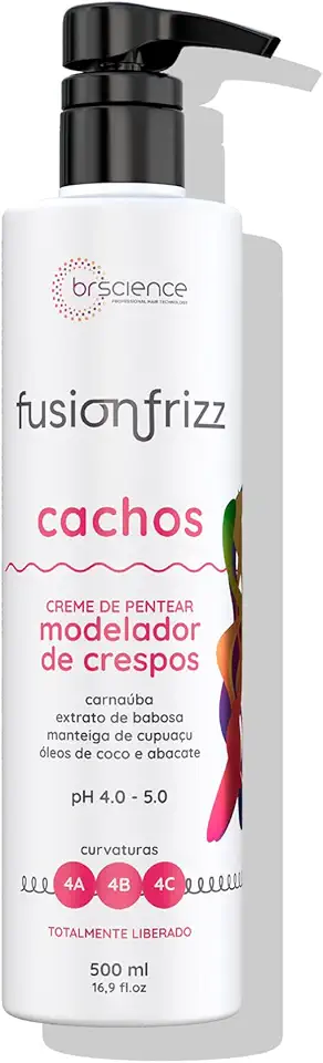 Creme para Cachos Pentear Crespos Fusionfrizz Brscience 500ml – Nutrição com Babosa, Cupuaçu, Coco e Abacate para Hidratar e Definir Cabelos Crespos Curvas 4A, 4B e 4C