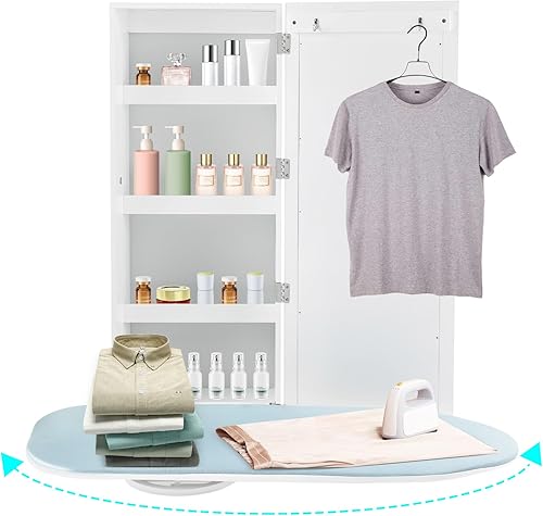 Armario de tabla de planchar de montaje en pared, tabla de planchar giratoria incorporada plegable con almacenamiento, colgante de pared con espejo,