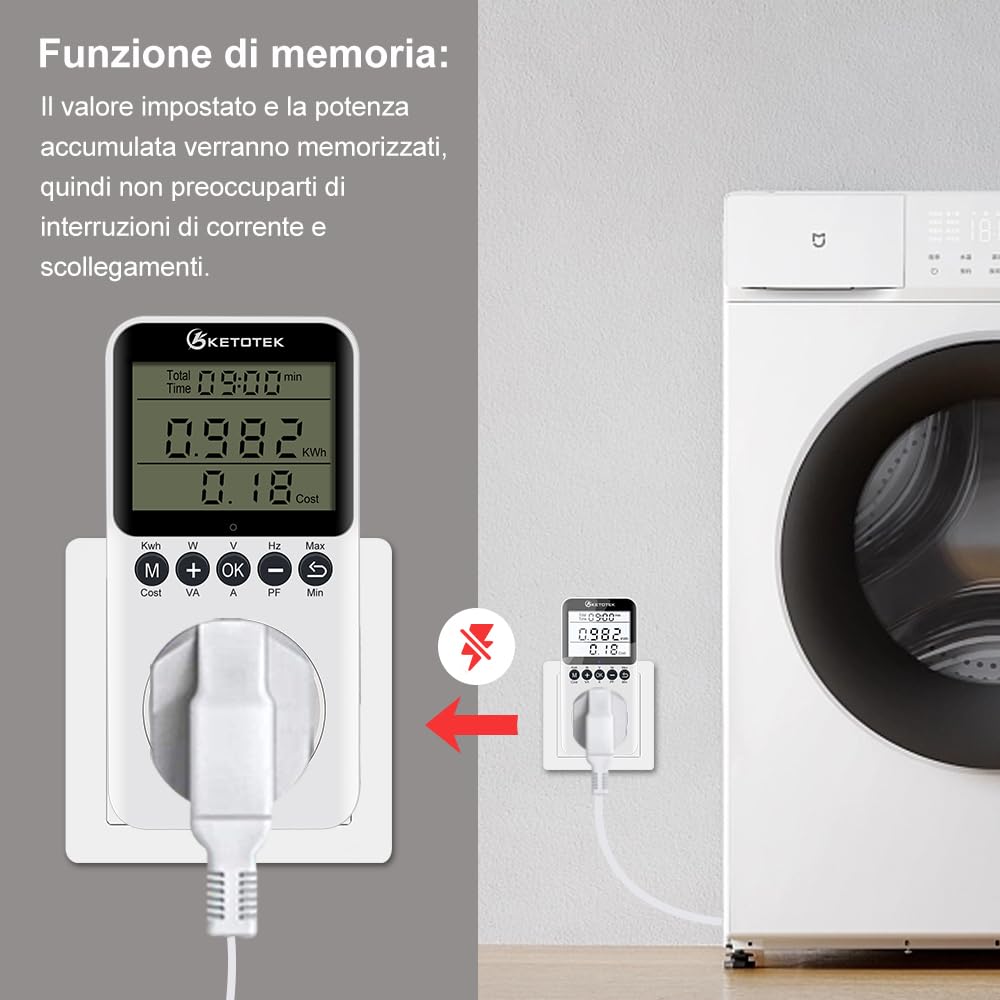 KETOTEK Stromzähler für Steckdose mit Hintergrundlicht Strommessgerät Energiekostenmessgerät 3680W Digitaler Energiekosten Stromverbrauchszähler