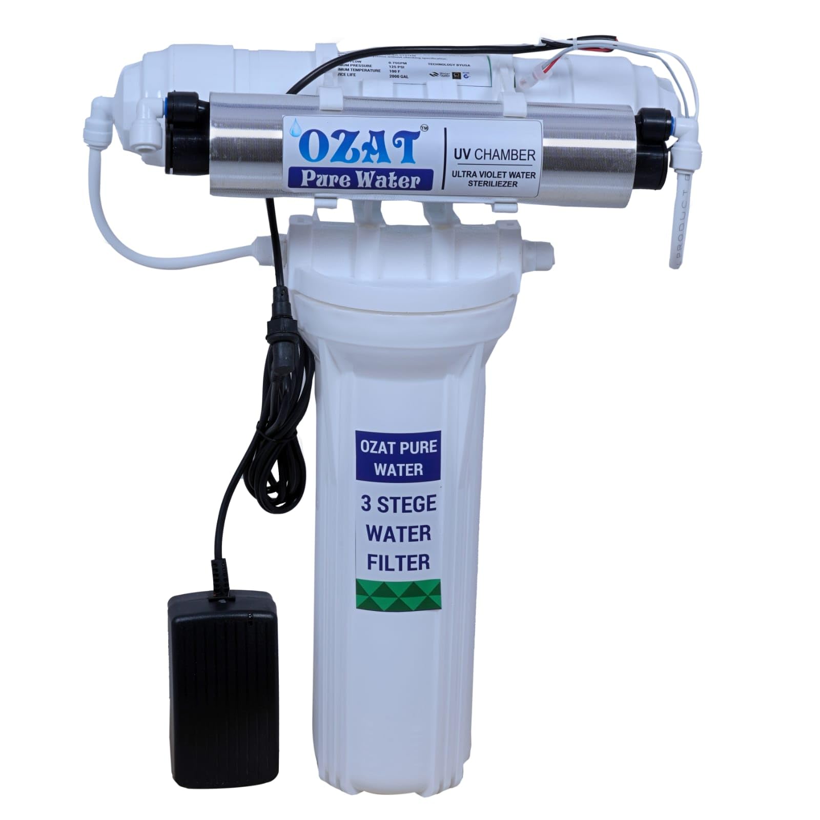 Ozat Pure Water Electric 3-Stage UV Water Purifier Kit | Stage 1: 5 Micron PP Filter | Stage 2: 10” Activated Carbon Filter | Stage 3: UV Chamber | No RO, No TDS Reduction