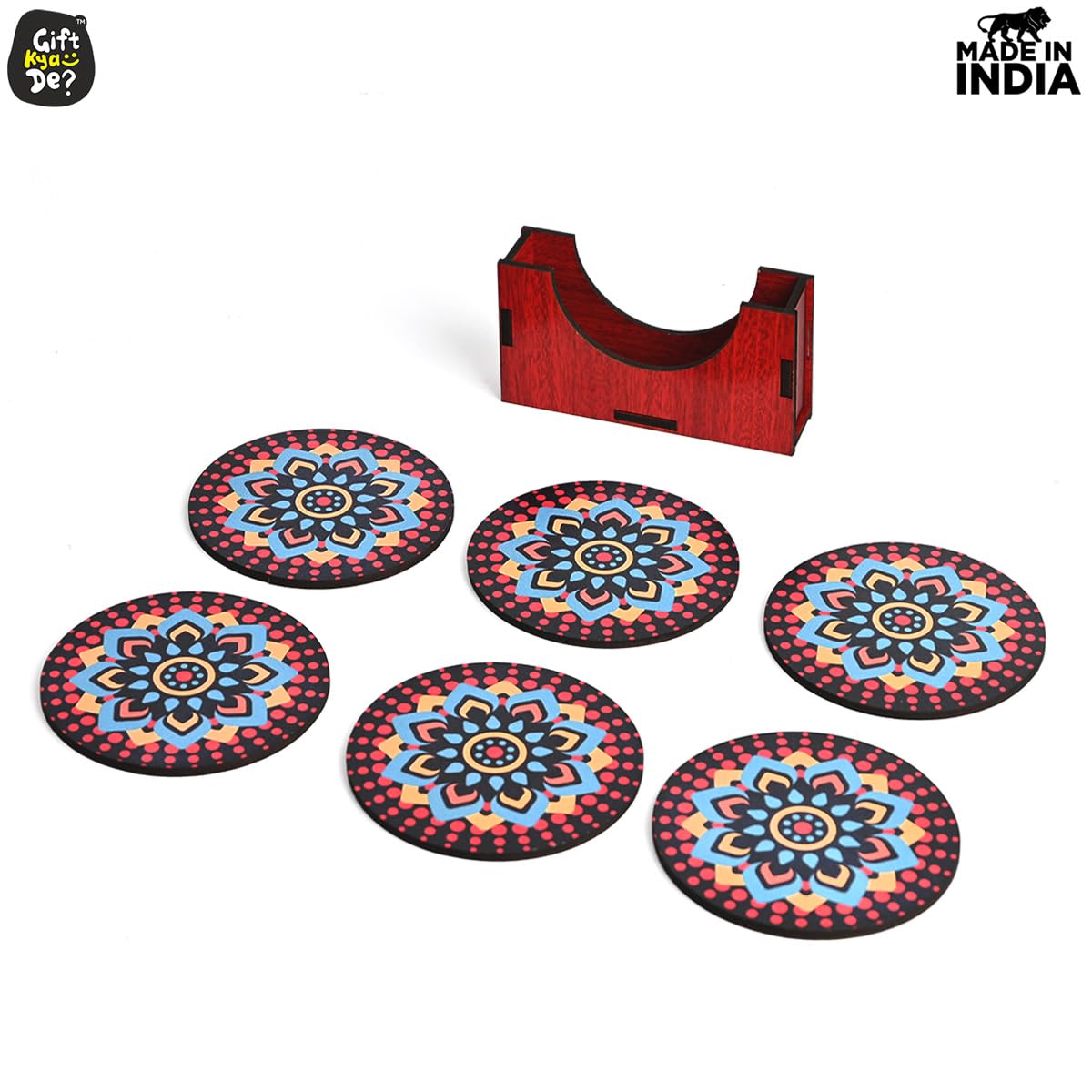 GKD Coaster Set of 6 Beautiful Wooden Coasters with Proper Coaster Stand | Designer Coaster Set Fit for Tea Cups, Coffee Mugs and Glasses (Round and Designer 3.5 X 3.5 Inch) (Black) 4