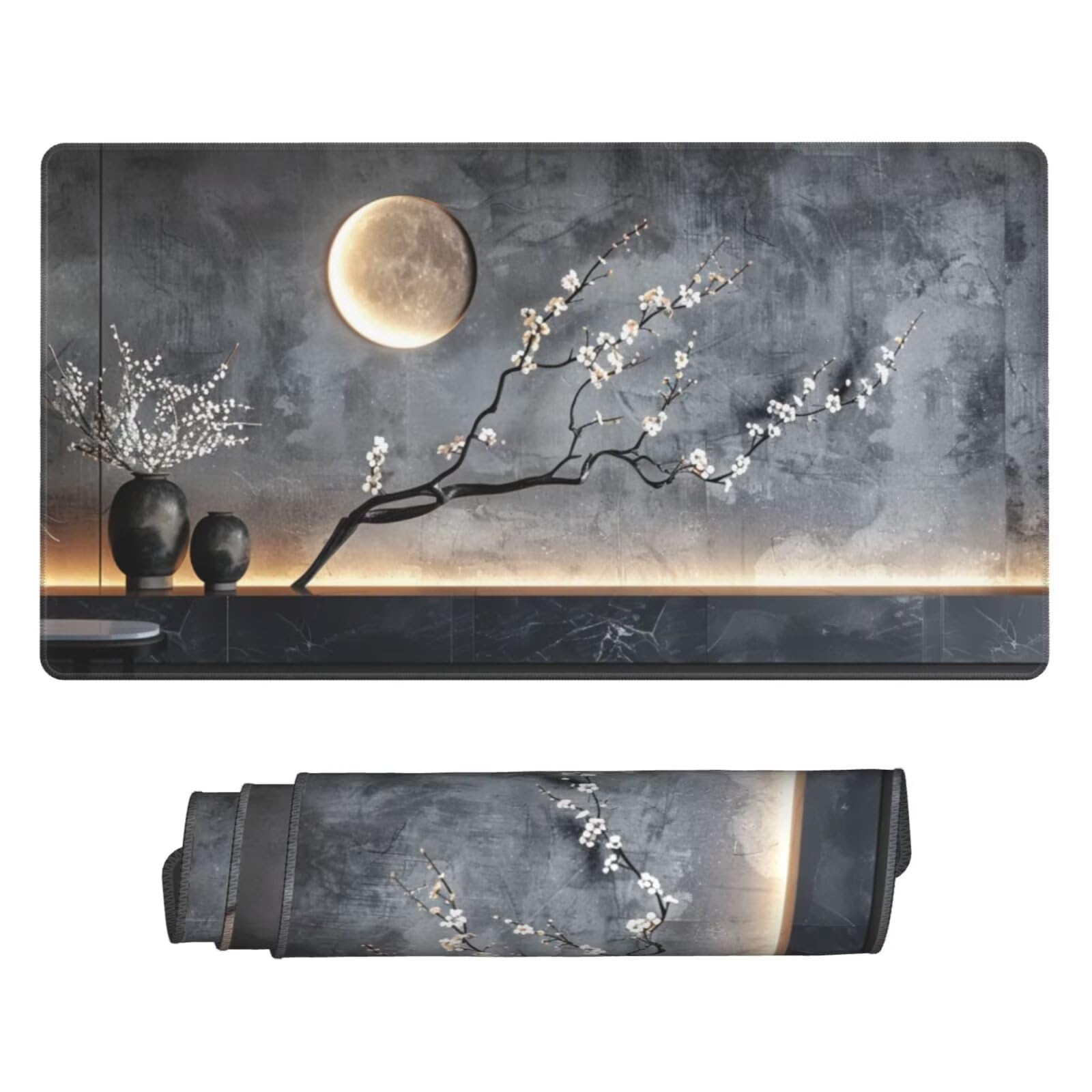 Alfombrilla de Ratón Gaming Grande XXL 1200x600x4mm con Bordes Cosidos, Tela de Micro Tejido, Base de Goma Antideslizante y Mouse Pad, para Teclado Escritorio, PC, Oficina Flor de Ciruelo Lunar Y6217