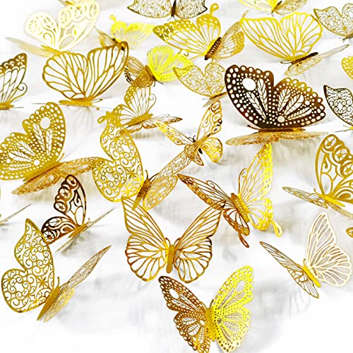 Ewong 60Pcs 3D Butterfly Wall Decal Birthday Cake Party Decoration 5 Style Mural Sticker Art Craft Kid Nursery Classroom Wedding Baby Shower Decorative Girl Bedroom Home Room Office Decor (Gold) #TOP5